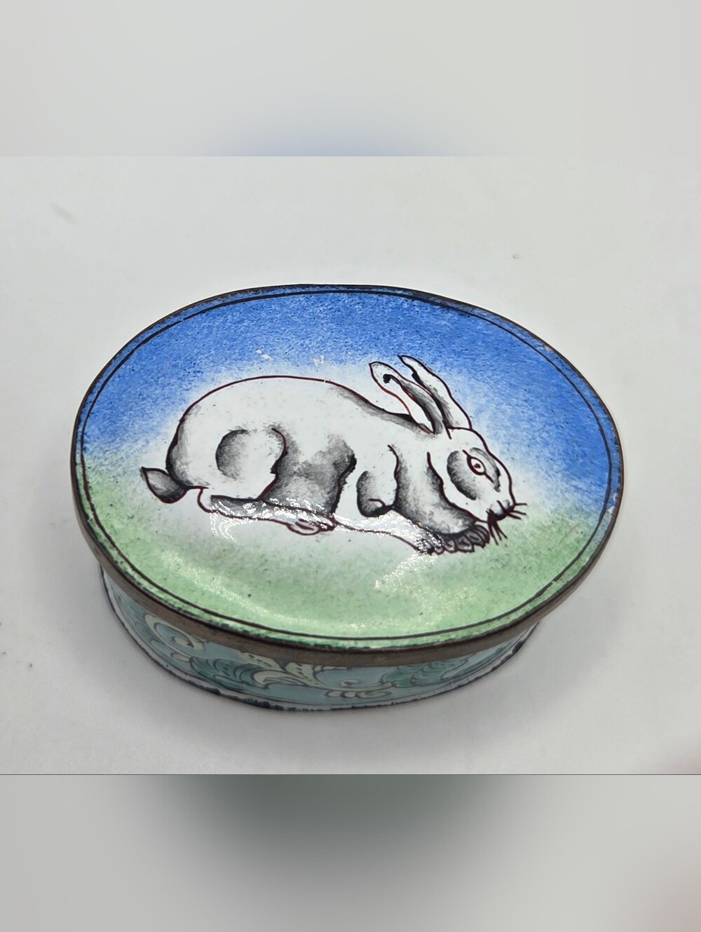 Vintage Decorative Blue and Green Rabbit Trinket Box -
